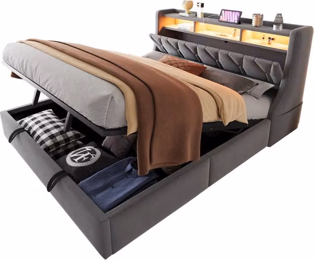 Letto matrimoniale imbottito 180x200 cm; contenitore idraulico; testiera con prese e LED; velluto grigio
