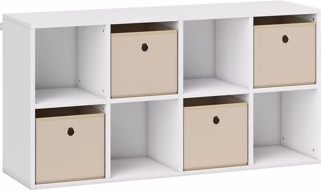 Libreria a cubi HOMCOM con 8 compartimenti e 4 cassetti in tessuto, Bianco e Beige, L: 105,9 cm, P: 30 cm, H: 53,7 cm