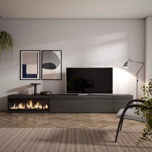 Mobile TV Soggiorno, 317x35x45cm, Camino elettrico XXL, Nero RF3670