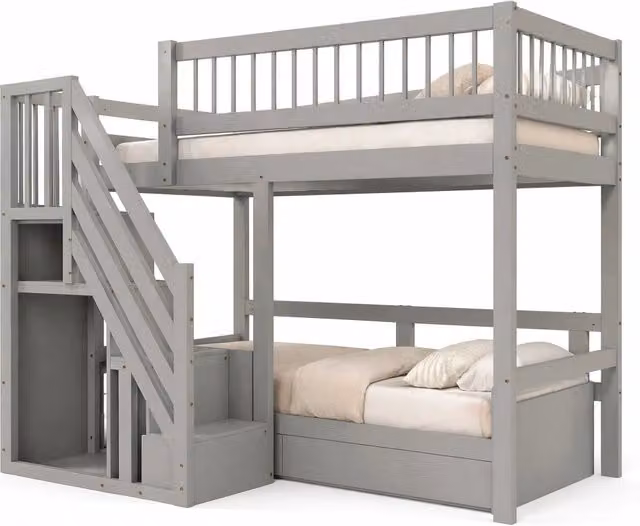 Letto a soppalco per bambini 90x200 cm con scala contenitore in pino; grigio