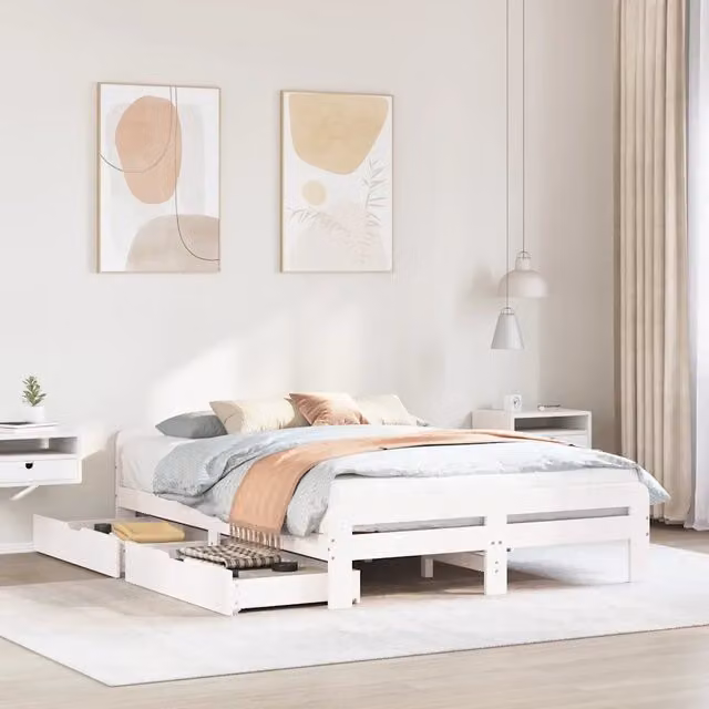Letto singolo vidaXL in legno massello di pino bianco con cassetti e doghe fisse L/P/H: 200 x 140 x 33 cm