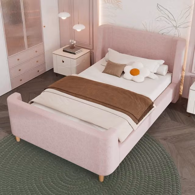 Letto singolo per bambini OKWISH in velluto rosa con testiera imbottita e motivo spaziale, L/P/H: 90 x 200 cm