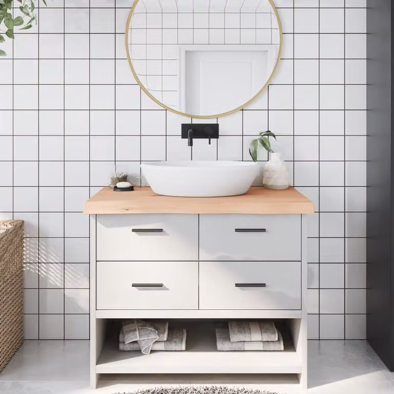 Piano Bagno vidaXL in Legno Massello Non Trattato, L: 100 cm, P: 60 cm, H: 2-6 cm, Colore Naturale