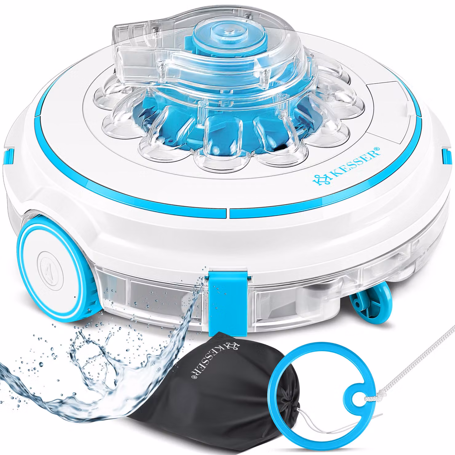 Robot pulitore per piscina KESSER® Aqua-9000 a batteria, con borsa da trasporto inclusa. Robot per piscine fino a 80 m², batteria agli ioni di litio con autonomia max. 75 min, aspirapolvere per piscina senza fili, pulizia del fondo completamente automatic