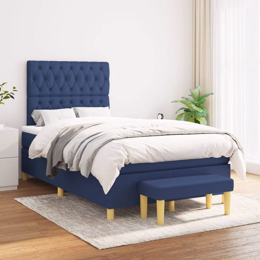 The Living Store Letto a molle con materasso Blu 120x200 cm in tessuto