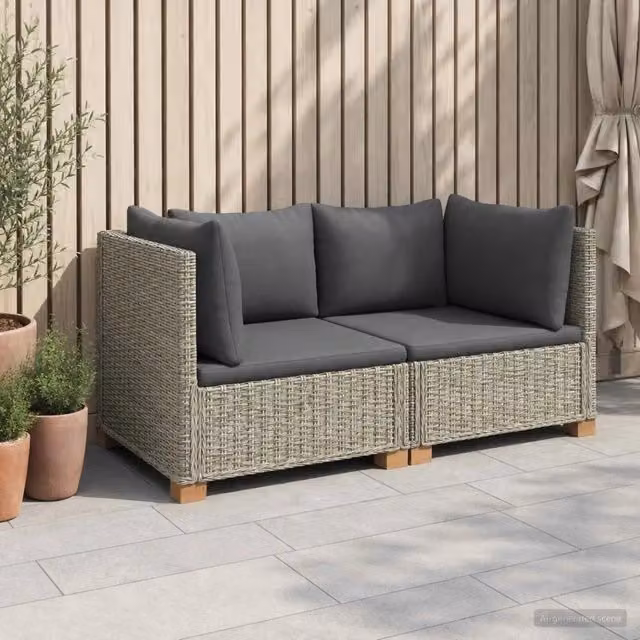 Set Lounge da Giardino a L vidaXL in Polyrattan con Cuscini Grigi e Struttura in Legno