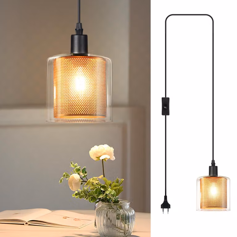 ZMH Lampada a sospensione vintage 1 fiamma vetro oro luce a sospensione con spina e interruttore lampada a sospensione E14 2M cavo metallo retro tavolo da pranzo lampada a sospensione per sala da pranzo soggiorno cucina