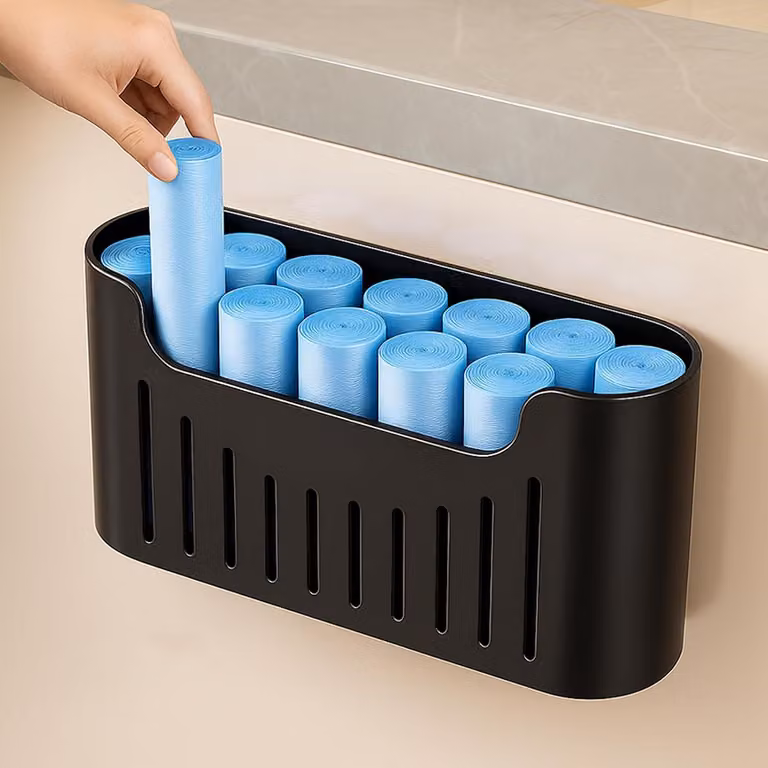 Contenitore portaoggetti per ripiano della cucina, adatto per ante di armadi, scaffale da parete, senza necessità di foratura, colore nero | Porta pellicole, porta sacchi per rifiuti, bilancia