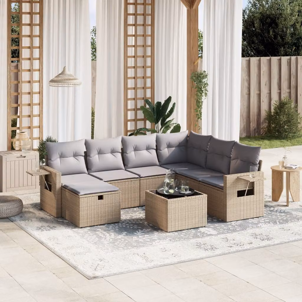 vidaXL Set Divano da Giardino a L 8 pz con Cuscini Beige e Grigio in Polyrattan e Acciaio – 1