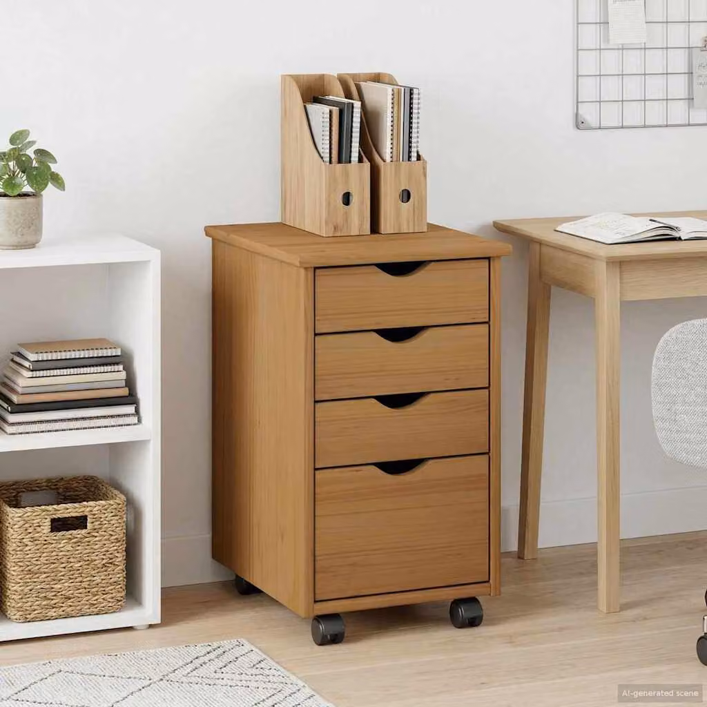 Carrello mobile con ruote vidaXL MOSS in legno di pino, colore marrone miele, L 34 x P 39 x H 56 cm