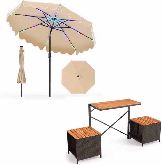 Ombrellone da giardino e set di mobili da patio, Ombrellone da esterno inclinabile 30¡ã e tavolo e sedie in rattan PE con spazio di stoccaggio Marrone
