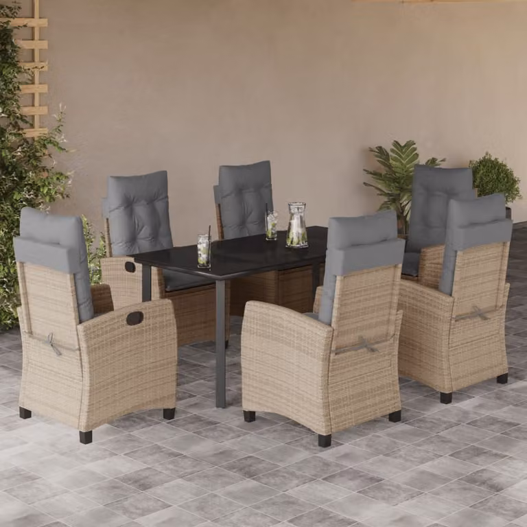Set Pranzo da Giardino vidaXL 7 pz in Polyrattan con Cuscini Beige Misto e Tavolo in Vetro