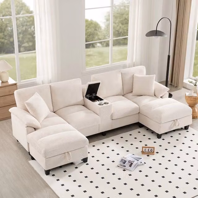 Divano 4 posti U forma con contenitore ¨C Minimal ¨C Tessuto corda imbottito con cuscini