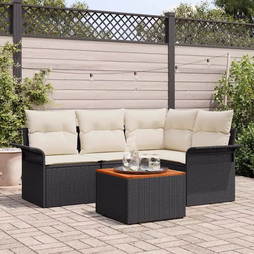 Set Divano da Giardino vidaXL 5 Pezzi a Forma di L con Tavolino, Colore Nero e Beige – 1