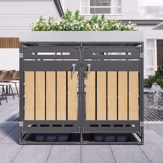Desviae Box portabidoni con fioriera integrata a 2 scomparti in ferro nero effetto legno per giardino e terrazzo