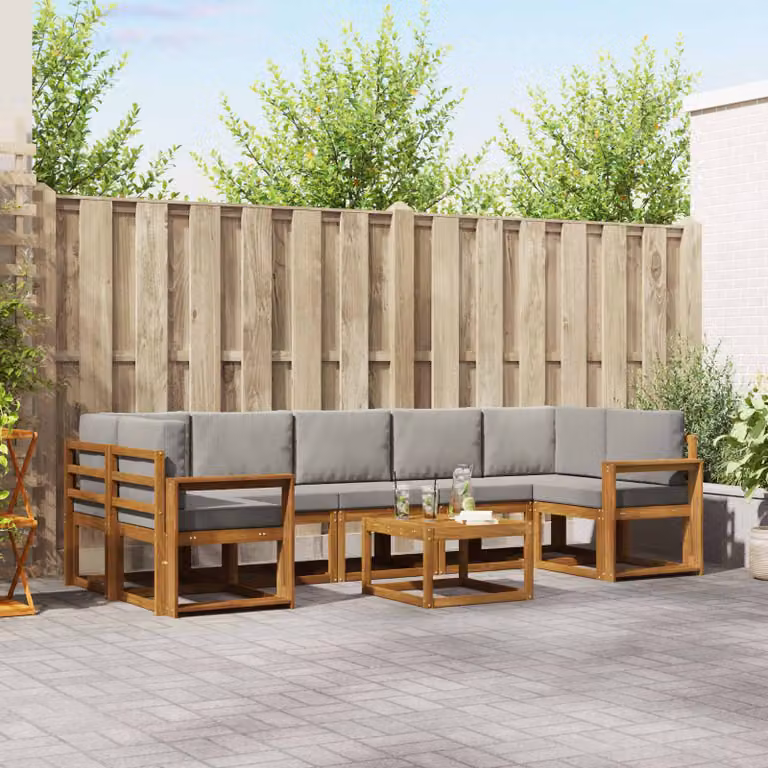 vidaXL Set di divani da esterno a L in legno di acacia con cuscini, 8 pezzi, Grigio e Marrone