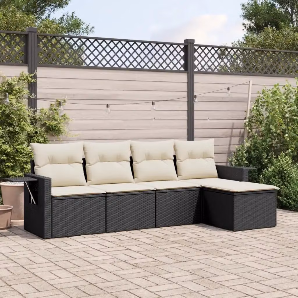 Set Salotto da Giardino Moderno a Forma di L in Polyrattan Nero con 5 Pezzi e Cuscini Bianchi – 2