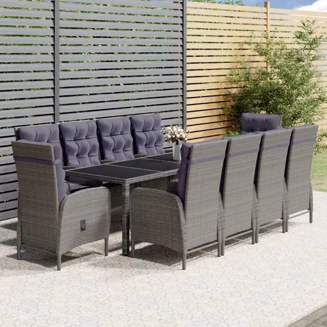 Set Pranzo da Giardino vidaXL in Polyrattan Grigio con Tavolo in Vetro, 11 Pezzi