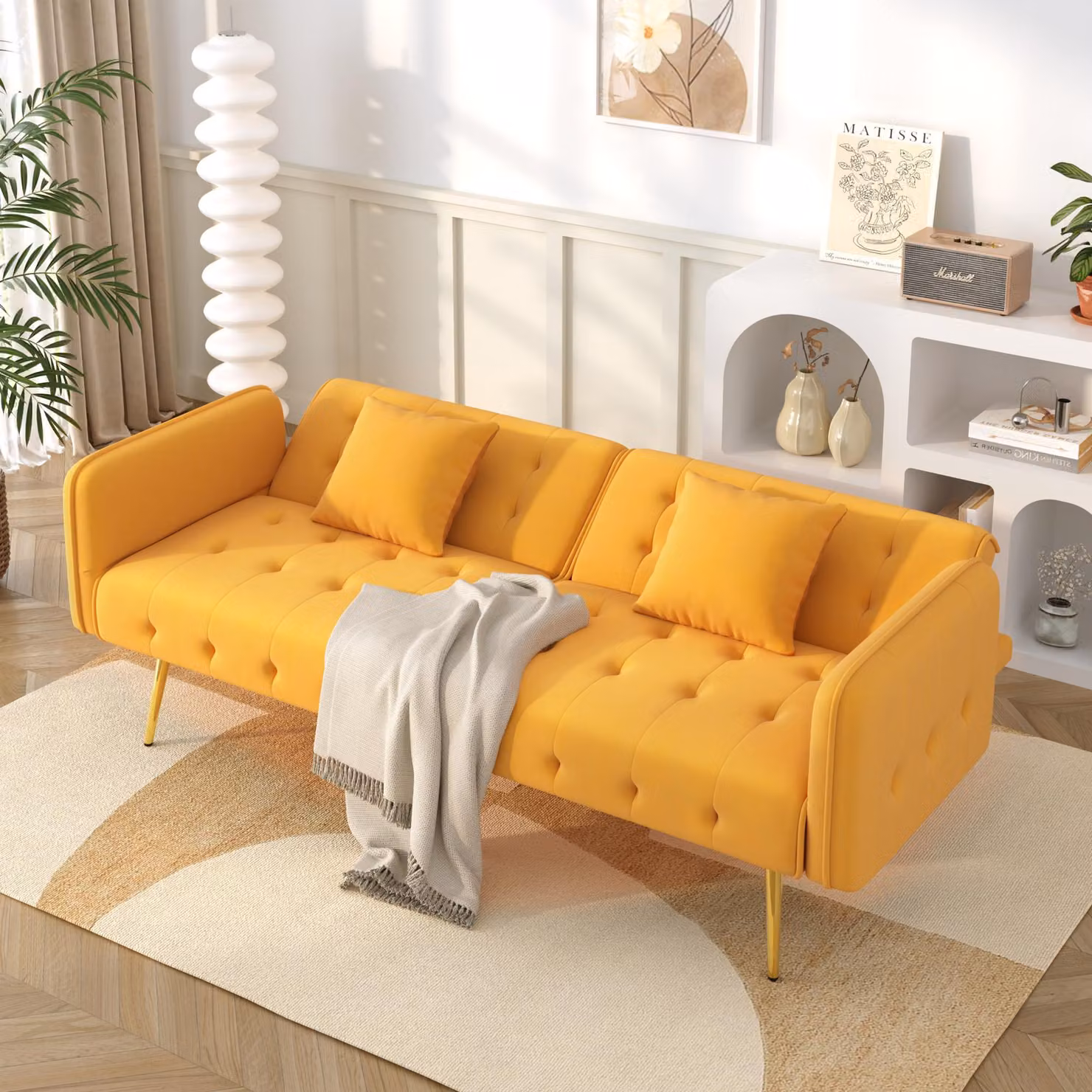 Divano letto multifunzionale Sweiko a due posti con funzione letto, schienale regolabile + braccioli multiposizione. Moderno divano letto pieghevole per il soggiorno - rivestimento in velluto. Ampia zona notte
