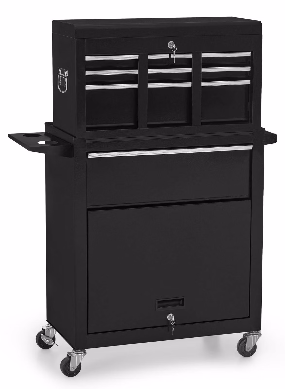 Carrello utensili 2-in-1 - Metallo - Nero-Argento - Carrello portatile da officina con numerosi cassetti e contenitore portaoggetti