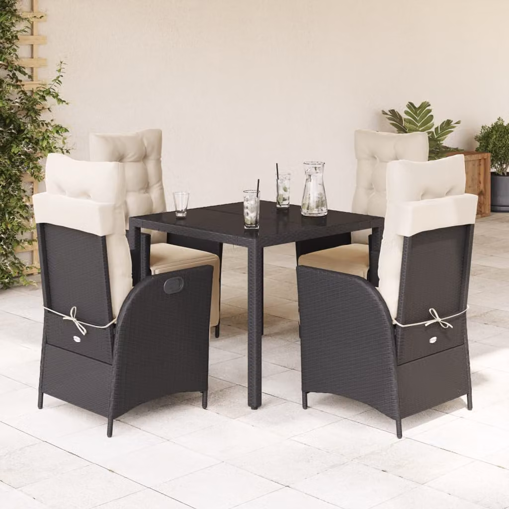 Set da Pranzo da Giardino vidaXL 5 pz in Polyrattan Nero con Cuscini e Tavolo in Vetro – 1