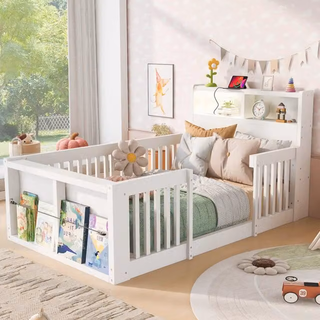Letto singolo per bambini 90x190 cm con sponde alte; USB e luce notturna bianco
