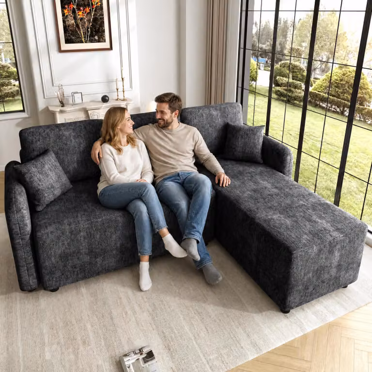 Divano angolare a forma di L, 3 posti, con chaise longue, rivestito in chenille, imbottitura in schiuma ad alta densità, 2 cuscini, struttura in legno massello, capacità di carico fino a 150 kg, divano per soggiorno, colore nero