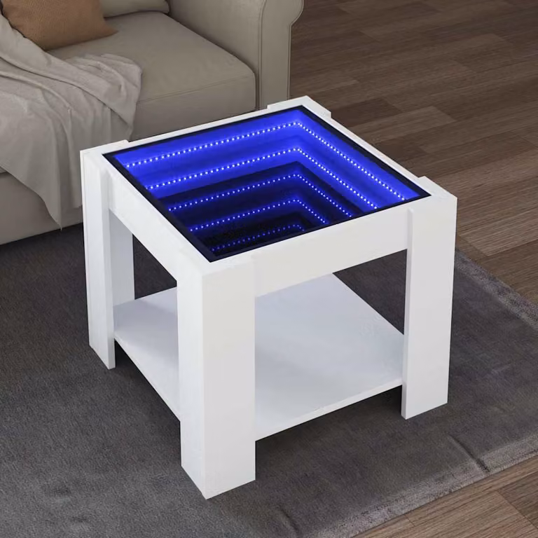 vidaXL Tavolino da Salotto Moderno Bianco con LED in Legno, L/P/H: 53 x 53 x 45 cm