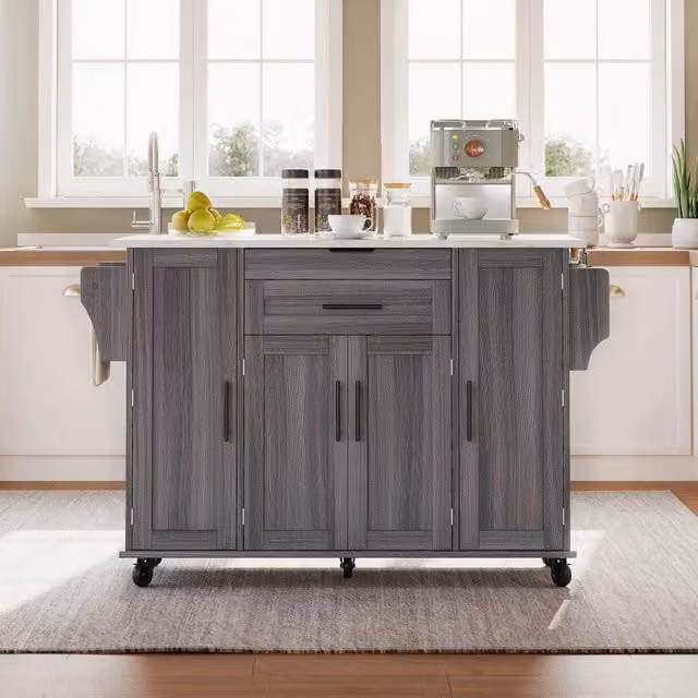 Carrello da cucina con piano estraibile, 2 cassetti e ripiani regolabili, per cucina e soggiorno, grigio, 136 × 70 × 92 cm