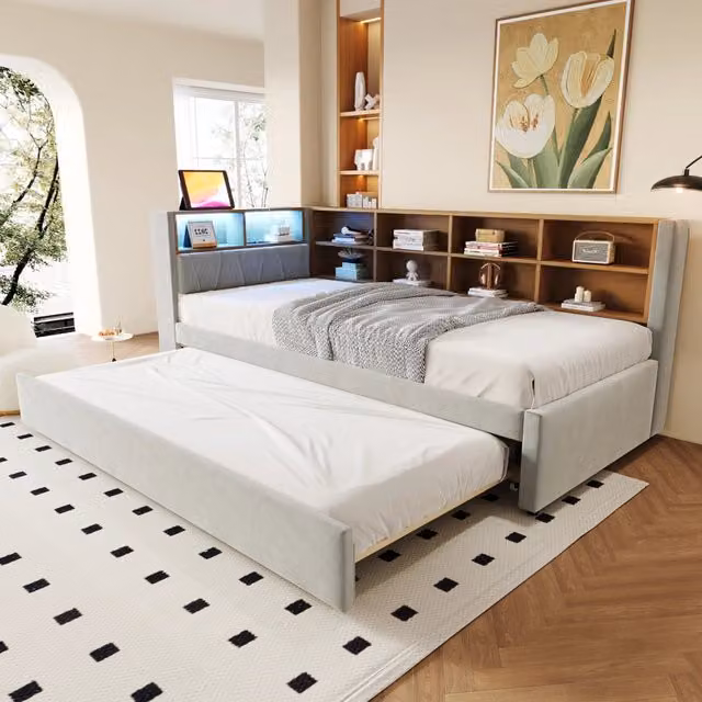 Letto divano singolo OKWISH con letto estraibile, ripiani laterali, luci LED e porta USB, grigio chiaro, L/P/H: 200 x 90 x 103 cm