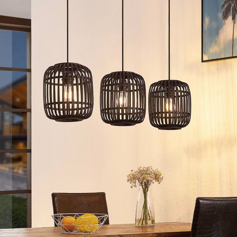 Lampada a sospensione Canyana Lindby, dimmerabile, Nero, Soggiorno / Sala da pranzo, Legno, Campagna / Rustiche, Lampada a sospensione