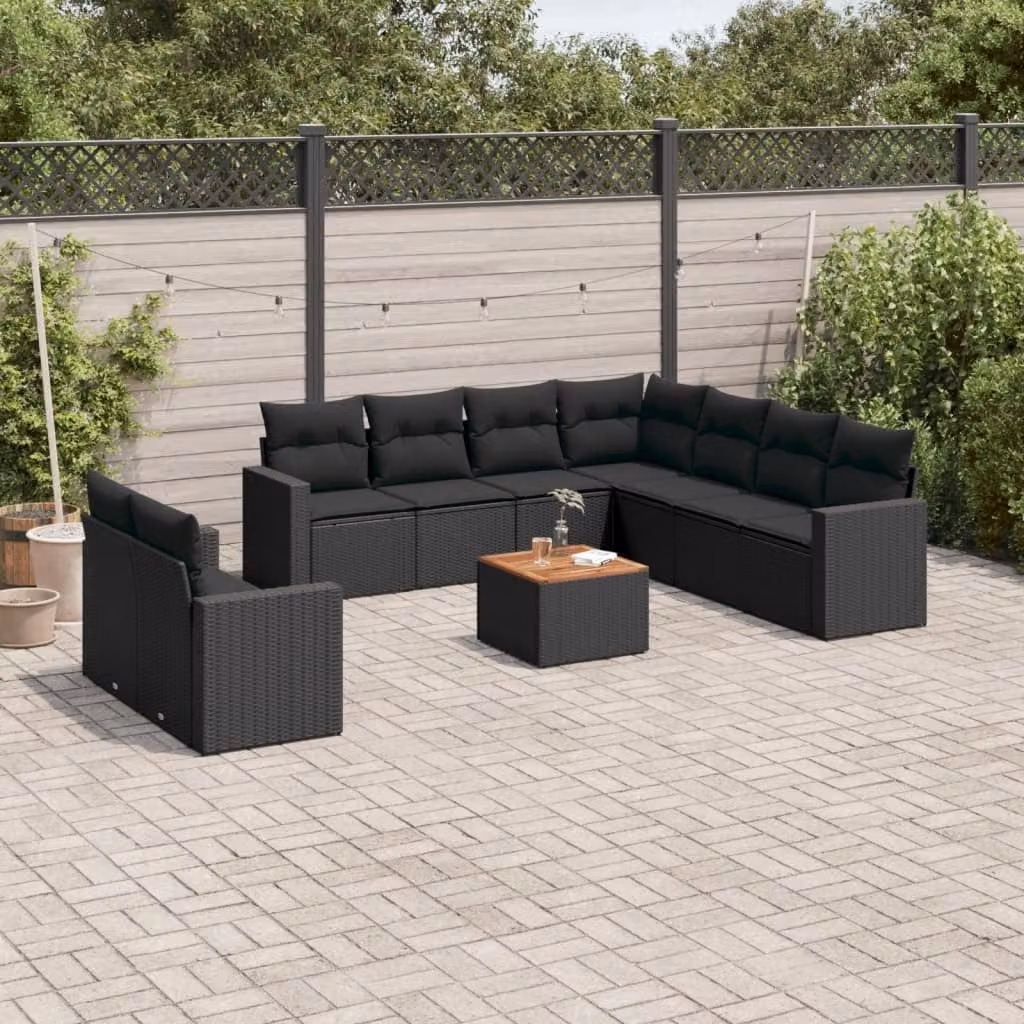 Set di divani da giardino vidaXL in polyrattan nero con cuscini e tavolino da esterno – 1