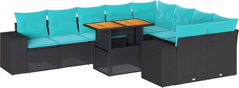 Set Divani da Giardino 10pz con Cuscini in Polyrattan Nero