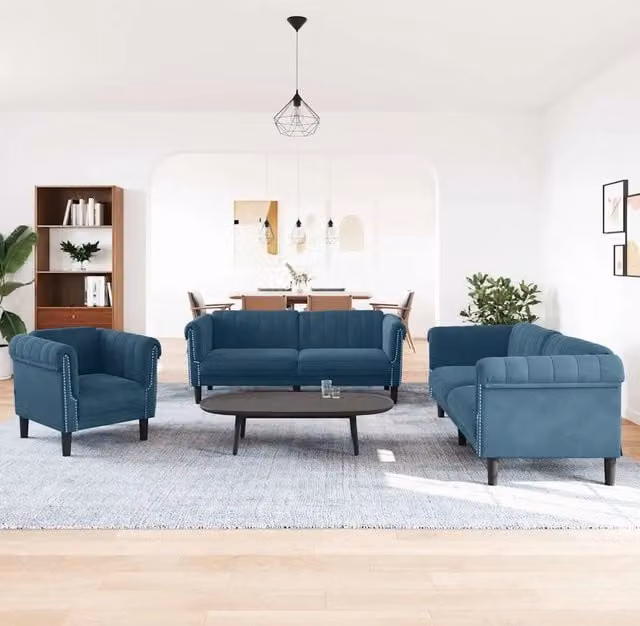Set di divani 3 pezzi vidaXL in velluto blu con struttura in legno massiccio e cuscini inclusi per il tuo soggiorno – 1