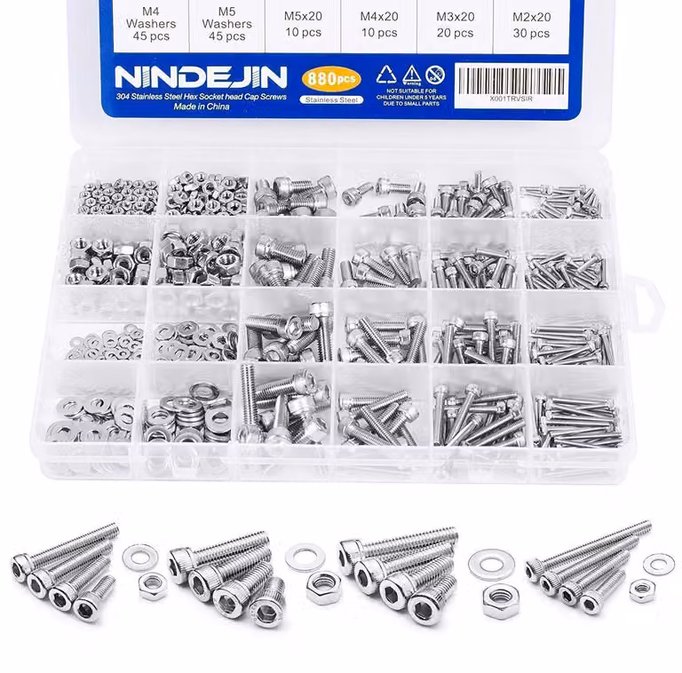 Set di viti in acciaio inossidabile 304, dimensioni M2, M3, M4, M5, con dadi, rondelle, scatola di stoccaggio e chiave inglese, 880 pezzi