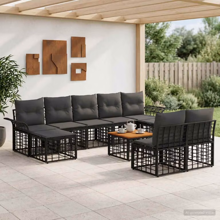 Set di divani da esterno vidaXL 10 pezzi a forma di L con tavolino e pouf, nero e grigio scuro, in metallo e tessuto resistente ai raggi UV