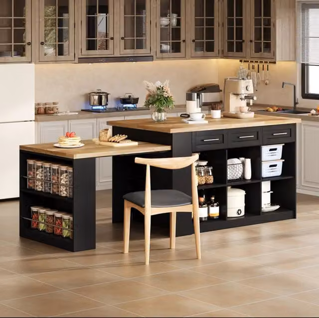 Isola cucina moderna 150x90x90 cm con tavolo estraibile; MDF naturale e nero
