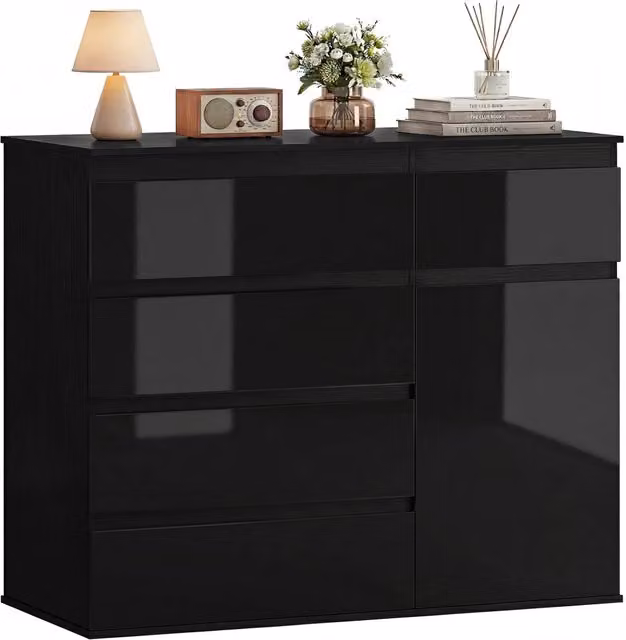 Credenza moderna nero lucido con 5 cassetti, mobile madia con anta soft close e ripiano regolabile per camera da letto e soggiorno