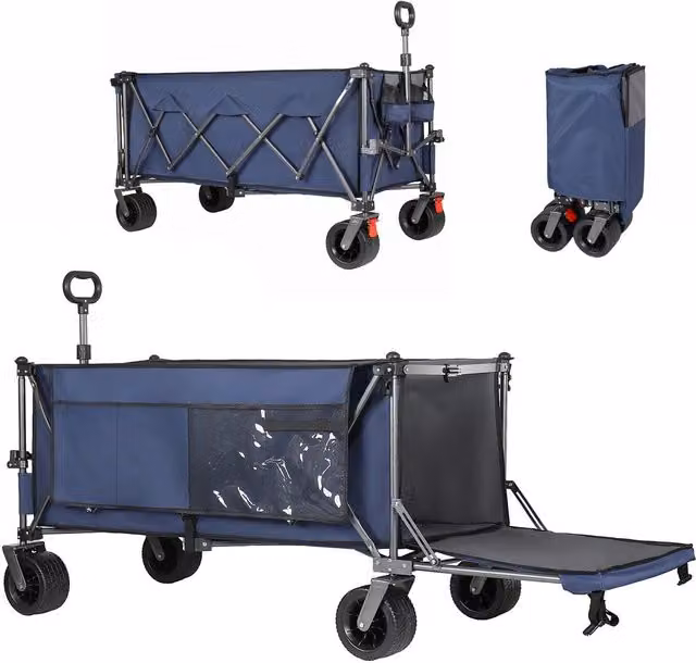 Carrello pieghevole per giardino Minimal blu con ruote all-terrain in acciaio e metallo, capacità 300L+120L