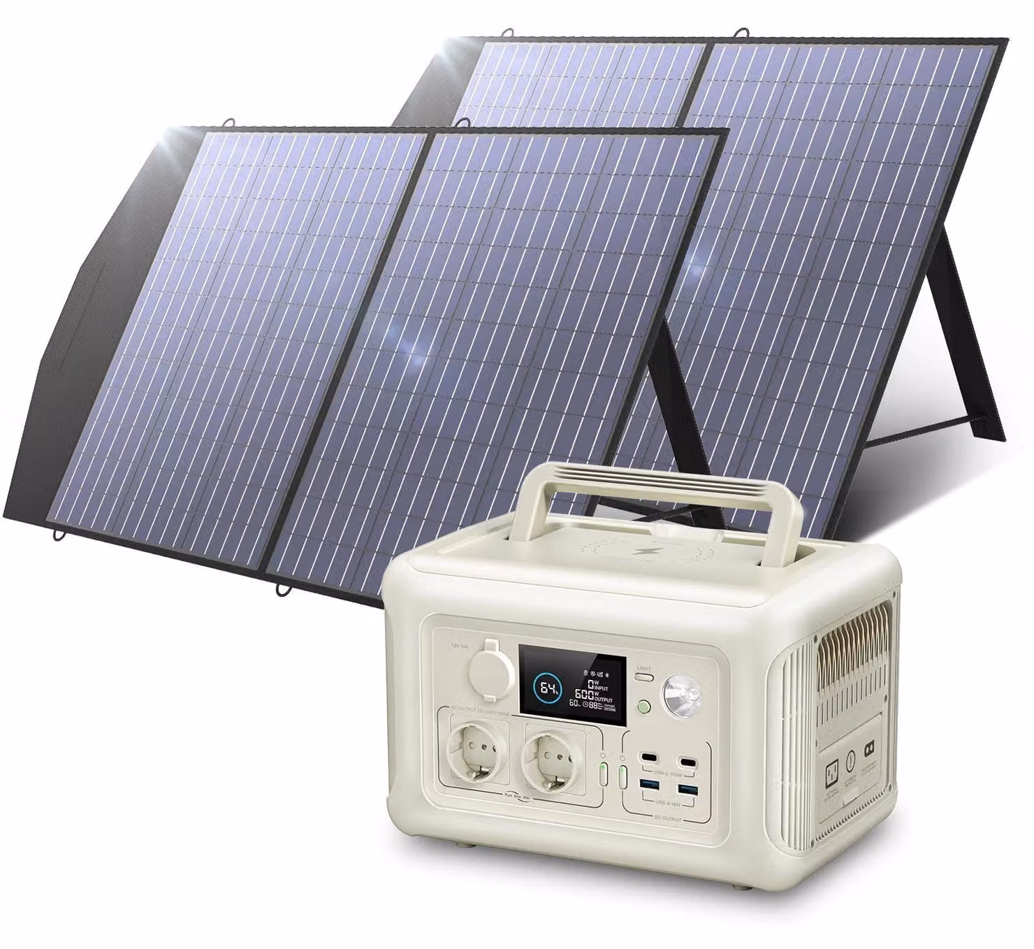 Centralina portatile – Power bank – Generatore di corrente – Generatore – Potenza di 600W – con 2 pannelli solari da 100W