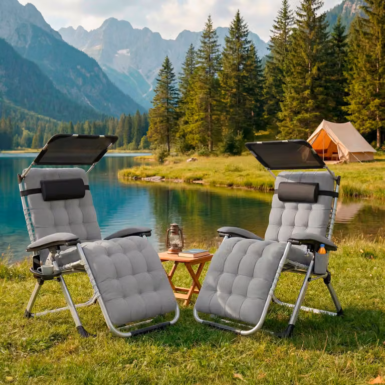 Set di 2 lettini prendisole Cloud II TecTake con tettuccio parasole e poggiatesta regolabile, colore grigio