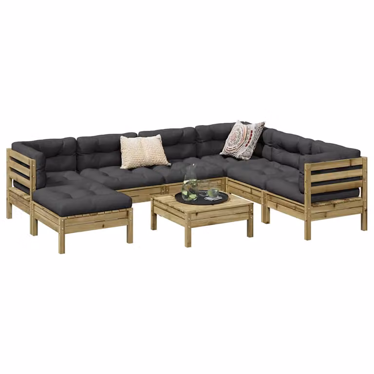 Set di Divani da Giardino vidaXL a Forma di L in Legno di Pino Trattato con 8 Pezzi e Cuscini Inclusi, Colore Antracite, Marrone e Grigio