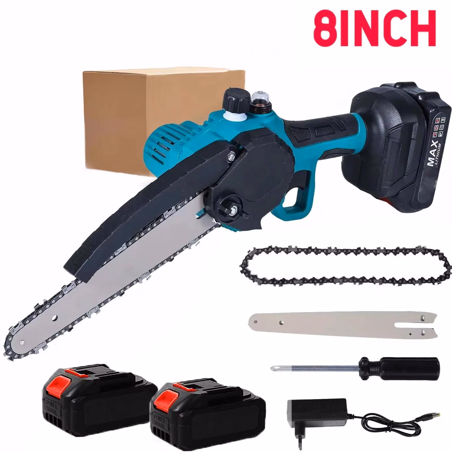 Troncatrice a batteria compatta - Seghetto elettrico senza fili - Lame da 20 cm - Lubrificazione automatica della catena - 2 batterie - Ideale per lavori di giardinaggio e lavorazione del legno