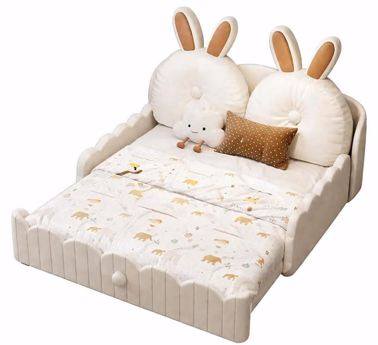 Letto per bambini bianco con sponde laterali, decorato con coniglietti, realizzato in pelle. Arredamento per bambini