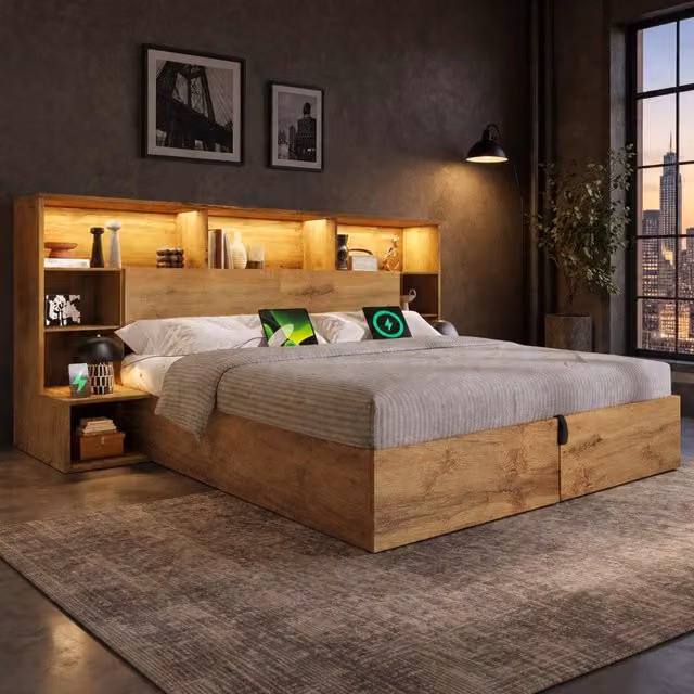 Letto 160x200 cm con contenitore, LED, USB-C e comodini in MDF, compensato e metallo effetto rovere