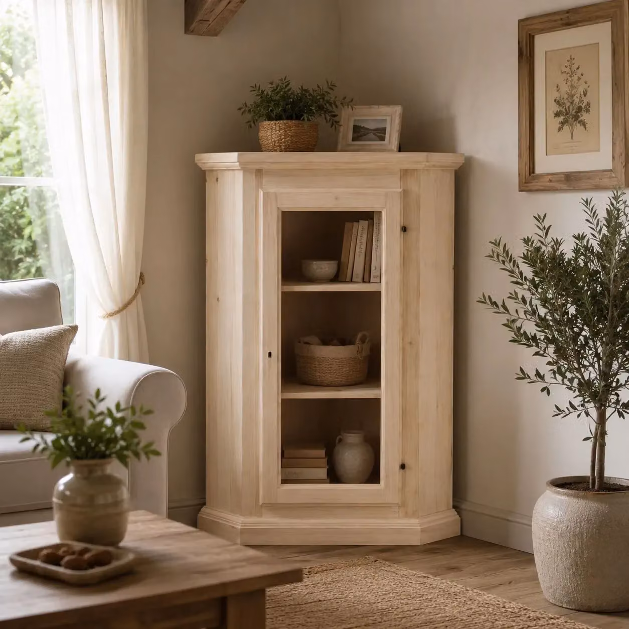 Mobile angolare vetrina classica Mobili 2G in legno di pino grezzo con anta in vetro e serratura L/P/H: 50 x 50 x 130 cm – 2