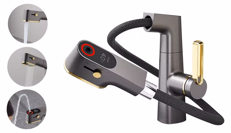 Miscelatore per lavabo con doccetta, 3 tipi di getto, rotazione a 360°, altezza regolabile, colore grigio gunmetal