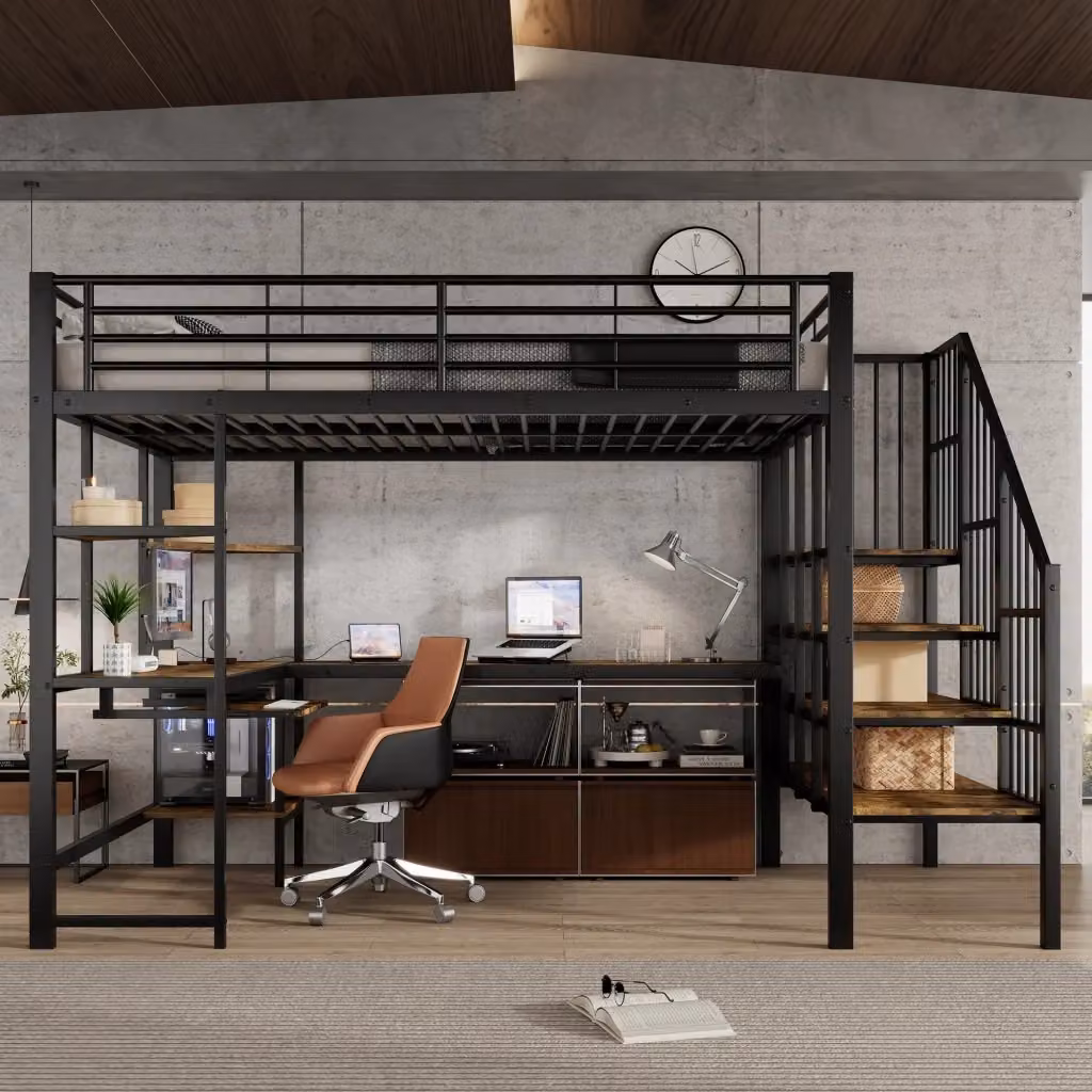 Letto a castello CIPACHO in ferro e MDF nero e noce scuro con scala d'angolo e porta USB, L/P: 120 x 200 cm – 2