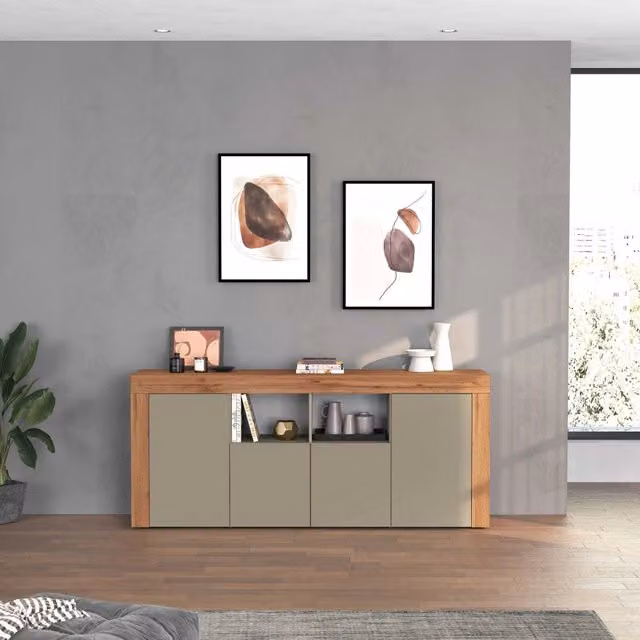 WHOUS Credenza Chronos 4 ante e 2 vani tortora opaco e rovere 200x40x85 cm