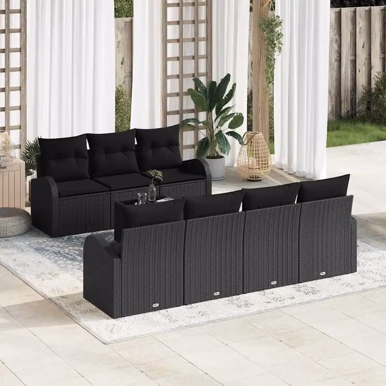Set Divano da Giardino vidaXL 8 pz Nero con Cuscini e Tavolino da Caffè in Polyrattan e Metallo